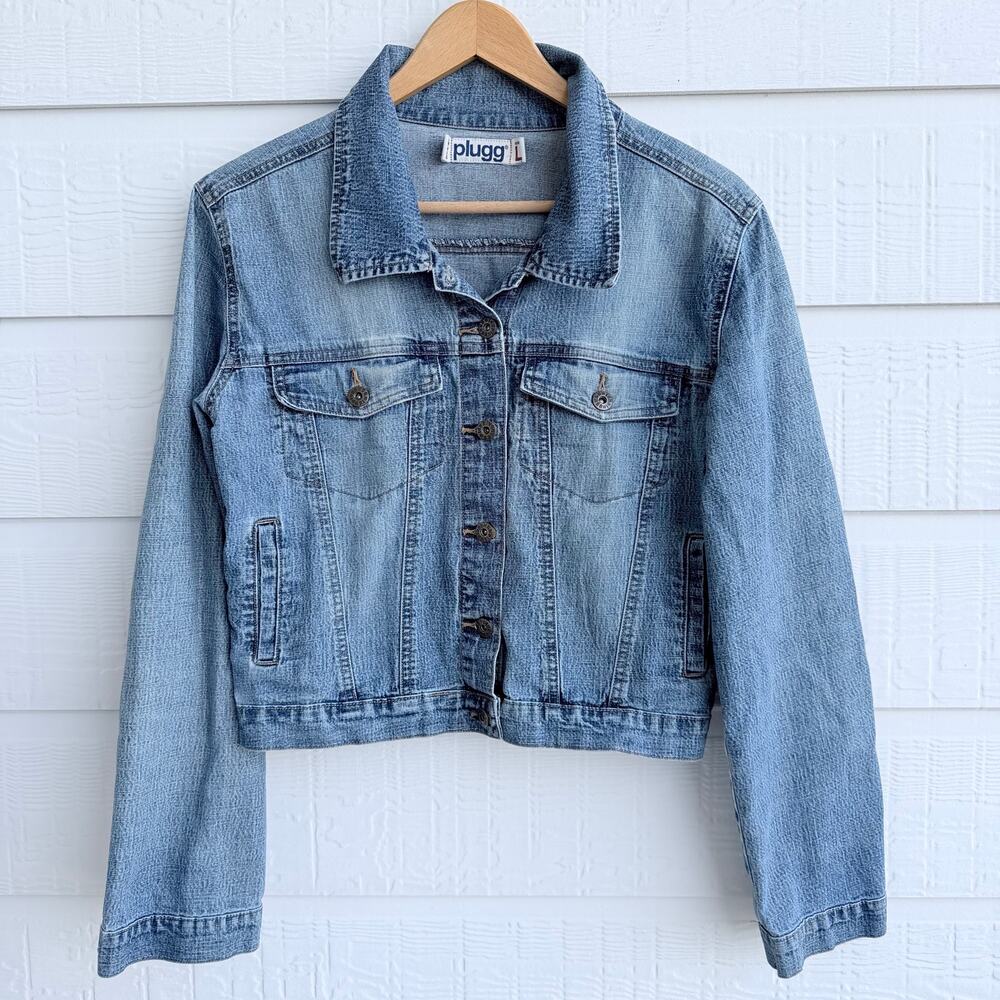 Plugg Y2K Cropped Denim Jacket Large Light Wash Trucker